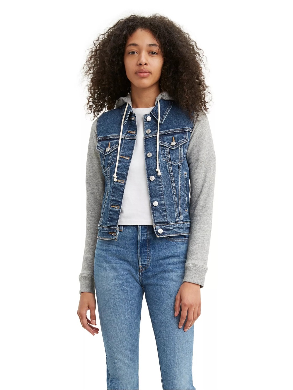 Levi's Hybrid Denim Trucker Jacket Blue Jean with Grey Hoodie Sleeves Medium EUC